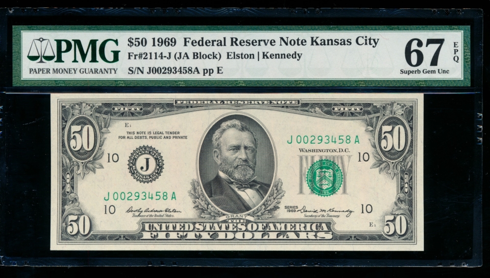 Fr. 2114-J 1969 $50  Federal Reserve Note Kansas City PMG 67EPQ J00293458A
