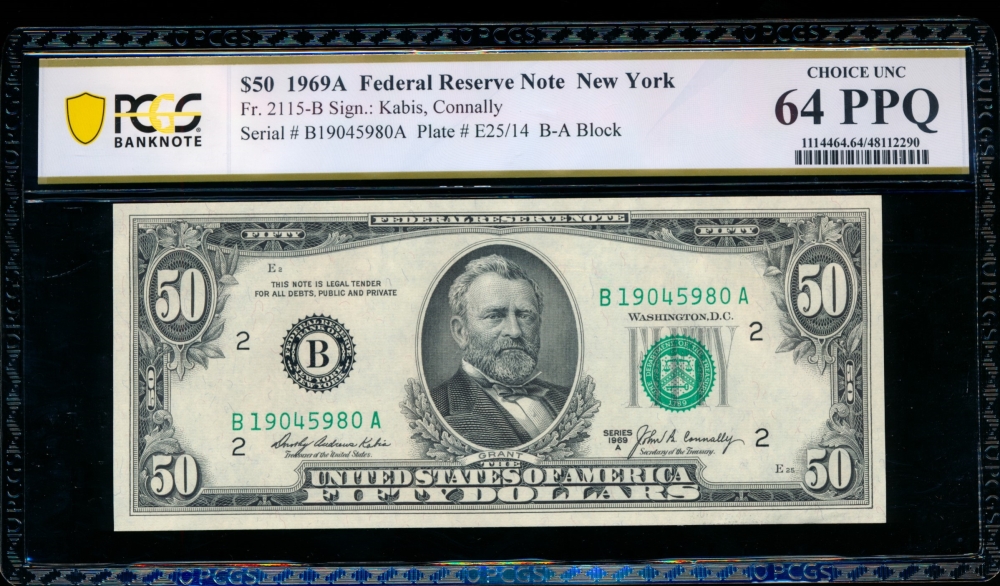 Fr. 2115-B 1969A $50  Federal Reserve Note New York PCGS 64PPQ B19045980A