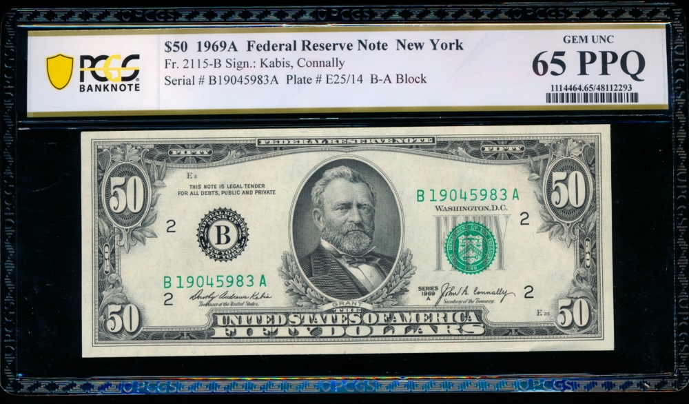 Fr. 2115-B 1969A $50  Federal Reserve Note New York PCGS 65PPQ B19045983A