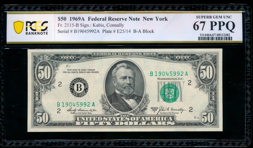 Fr. 2115-B 1969A $50  Federal Reserve Note New York PCGS 67PPQ B19045992A