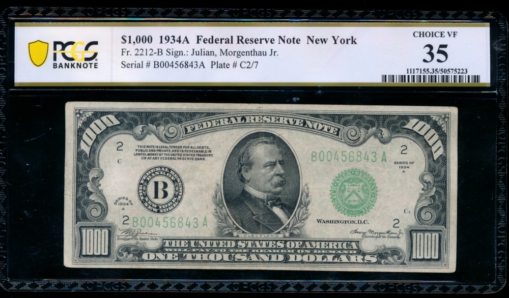 Fr. 2212-B 1934A $1,000  Federal Reserve Note New York PCGS 35 B00456843A