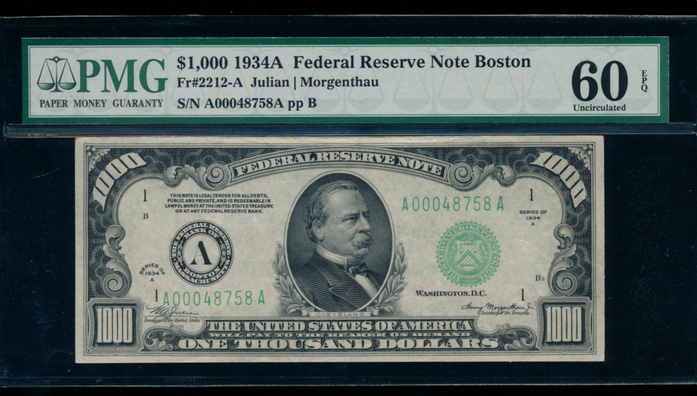 Fr. 2212-A 1934A $1,000  Federal Reserve Note Boston PMG 60EPQ A00048758A