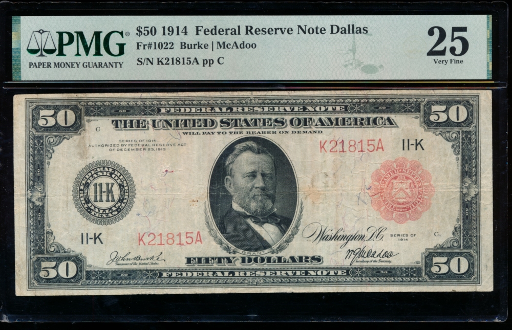 Fr. 1022 1914 $50  Federal Reserve Note Dallas red seal PMG 25 K21815A