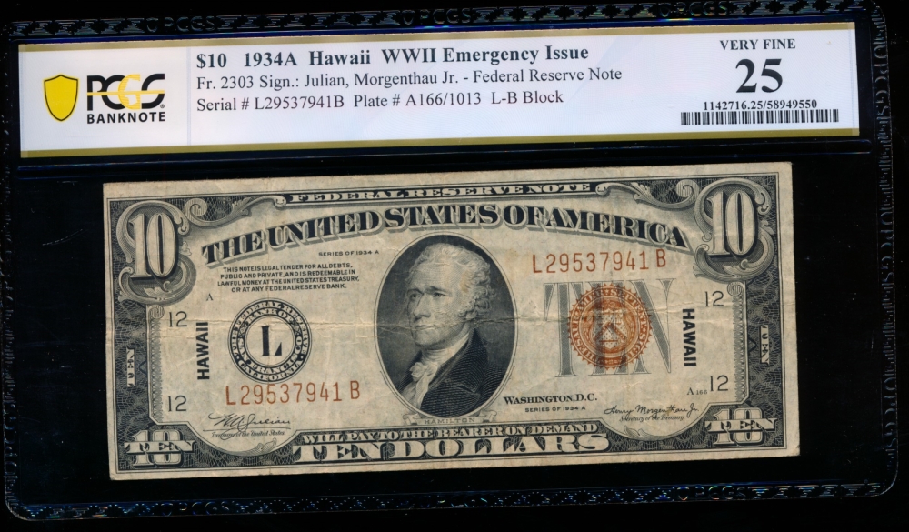 Fr. 2303 1934A $10  Hawaii non-mule PCGS 25 L29537941B