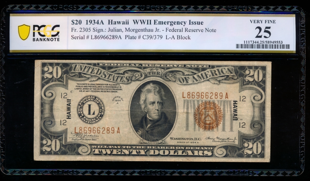 Fr. 2305 1934A $20  Hawaii non-mule PCGS 25 L86966289A