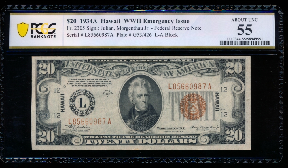 Fr. 2305 1934A $20  Hawaii non-mule PCGS 55 L85660987A