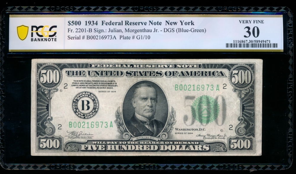Fr. 2201-B 1934 $500  Federal Reserve Note New York PCGS 30 B00216973A
