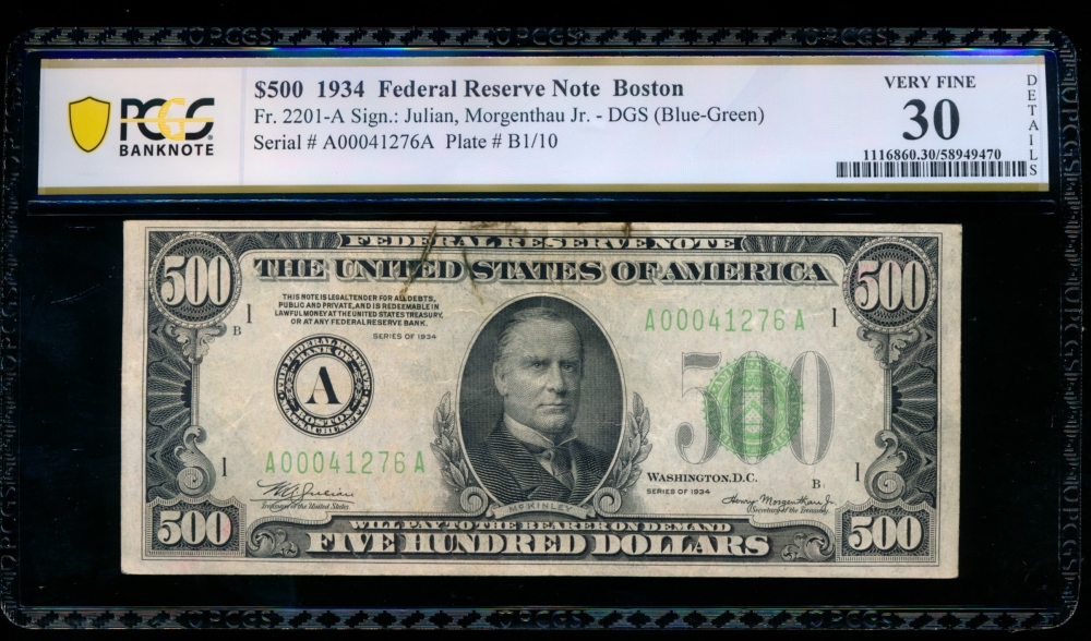 Fr. 2201-A 1934 $500  Federal Reserve Note Boston PCGS 30 details A00041276A