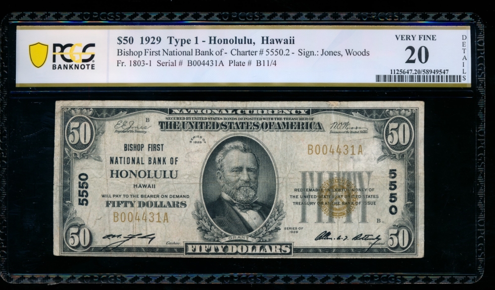Fr. 1803-1 1929 $50  National: Type I Ch #5550 Bishop First National Bank of Honolulu, Hawaii PCGS 20 details B004431A