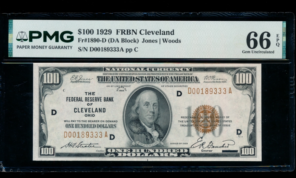 Fr. 1890-D 1929 $100  FRBN Cleveland PMG 66EPQ D00189333A