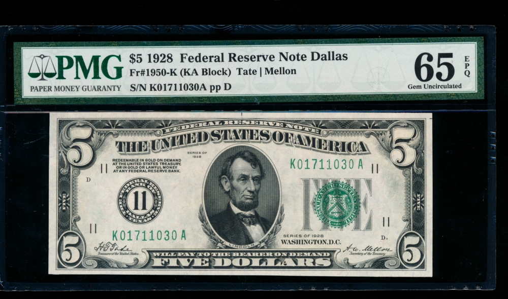 Fr. 1950-K 1928 $5  Federal Reserve Note Dallas PMG 65EPQ K01711030A
