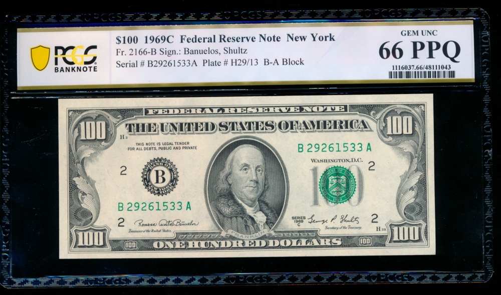 Fr. 2166-B 1969C $100  Federal Reserve Note New York PCGS 66PPQ B27261533A