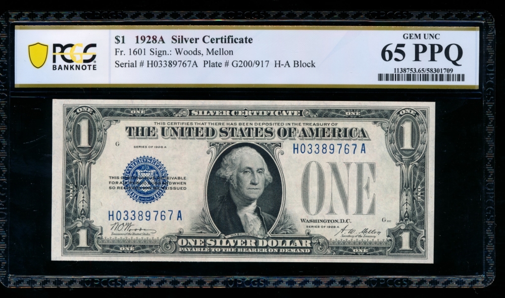 Fr. 1601 1928A $1  Silver Certificate HA block PCGS 65PPQ H03389767A