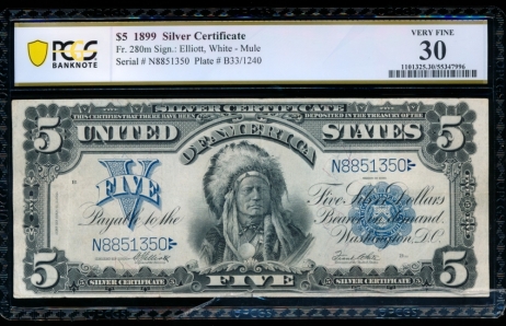 Fr. 280 1899 $5  Silver Certificate mule PCGS 30 comment N8851350