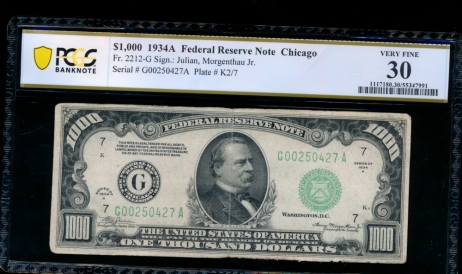 Fr. 2212-G 1934A $1,000  Federal Reserve Note Chicago PCGS 30 comment G00250427A