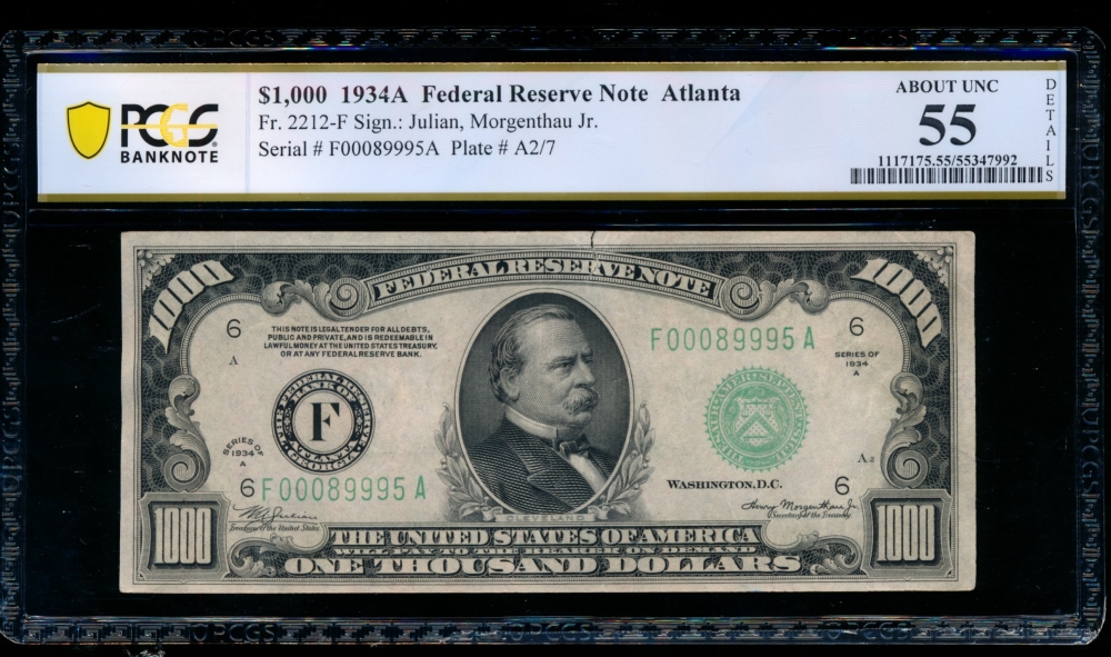 Fr. 2212-F 1934A $1,000  Federal Reserve Note Atlanta PCGS 55 details F00089995A