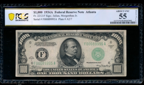 Fr. 2212-F 1934A $1,000  Federal Reserve Note Atlanta PCGS 55 details F00089995A