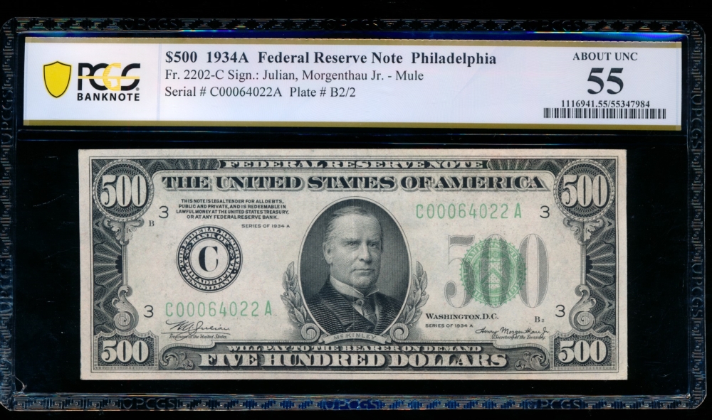 Fr. 2202-C 1934A $500  Federal Reserve Note Philadelphia PCGS 55 C00064022A