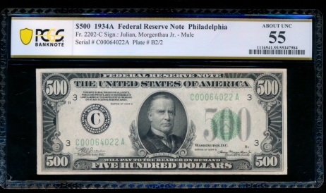 Fr. 2202-C 1934A $500  Federal Reserve Note Philadelphia PCGS 55 C00064022A
