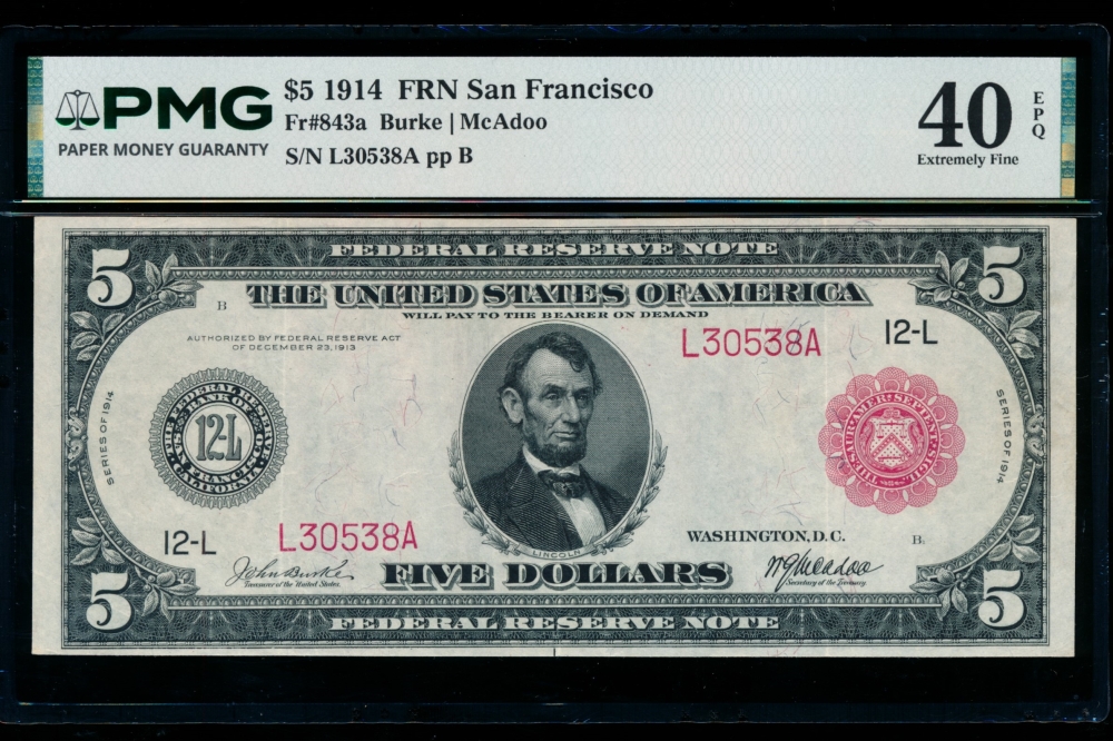 Fr. 843a 1914 $5  Federal Reserve Note San Francisco red seal PMG 40EPQ L30538A