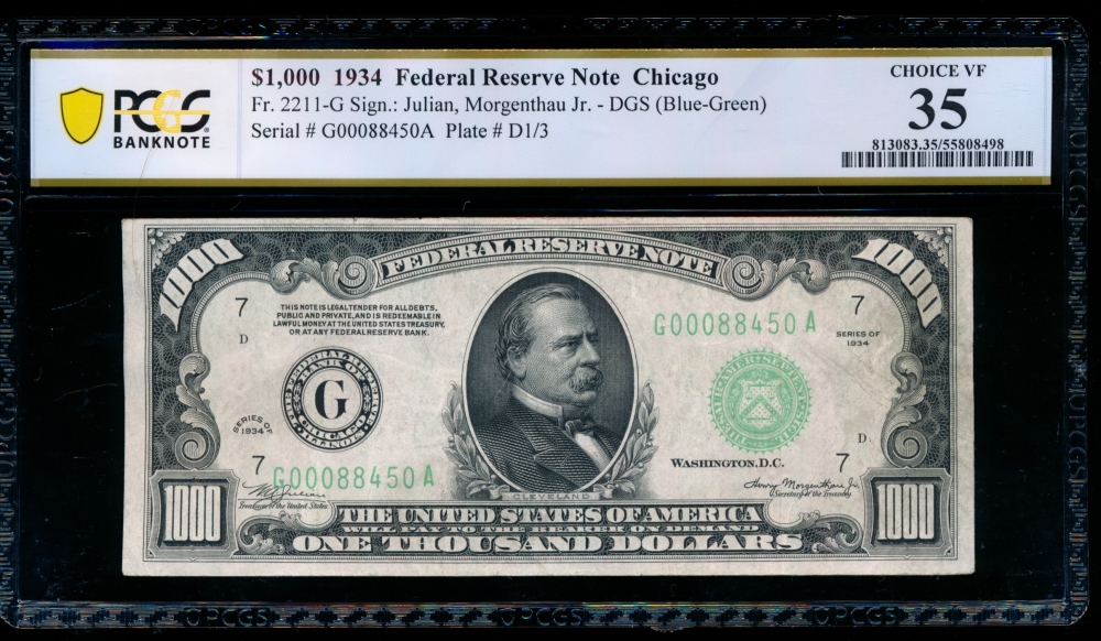 Fr. 2211-G 1934 $1,000  Federal Reserve Note Chicago PCGS 35 G00088450A