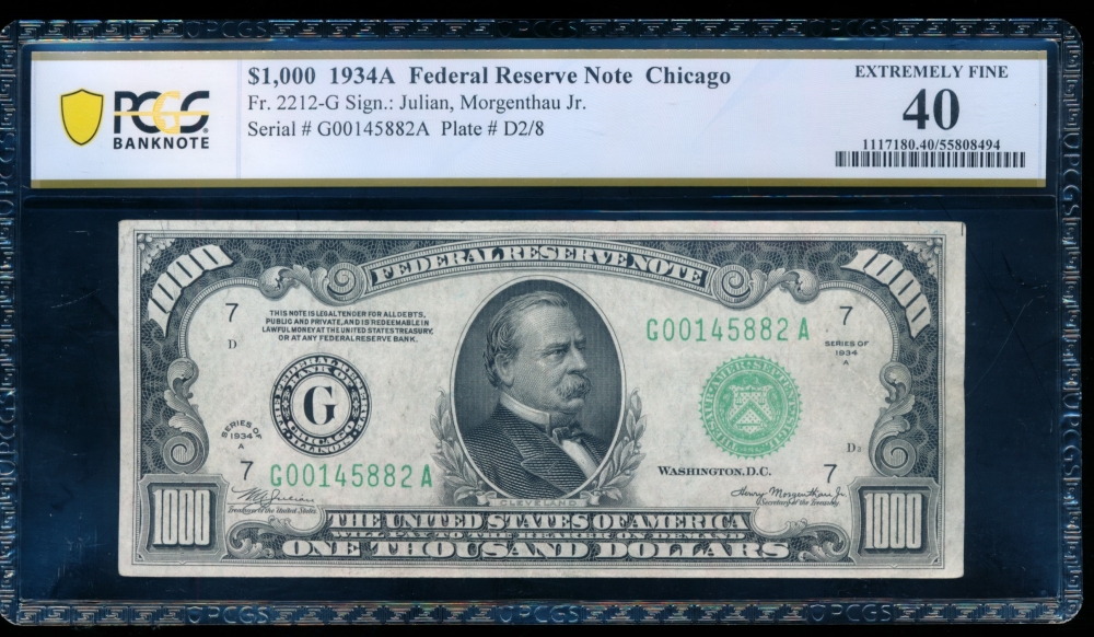 Fr. 2212-G 1934A $1,000  Federal Reserve Note Chicago PCGS 40 comment G00145882A