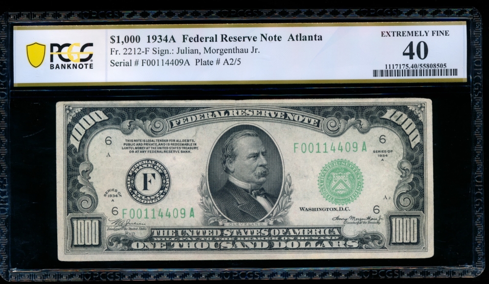 Fr. 2212-F 1934A $1,000  Federal Reserve Note Atlanta PCGS 40 comment F00114409A