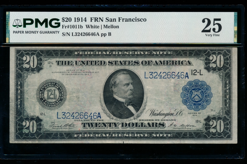 Fr. 1011b 1914 $20  Federal Reserve Note San Francisco PMG 25 comment L32426646A
