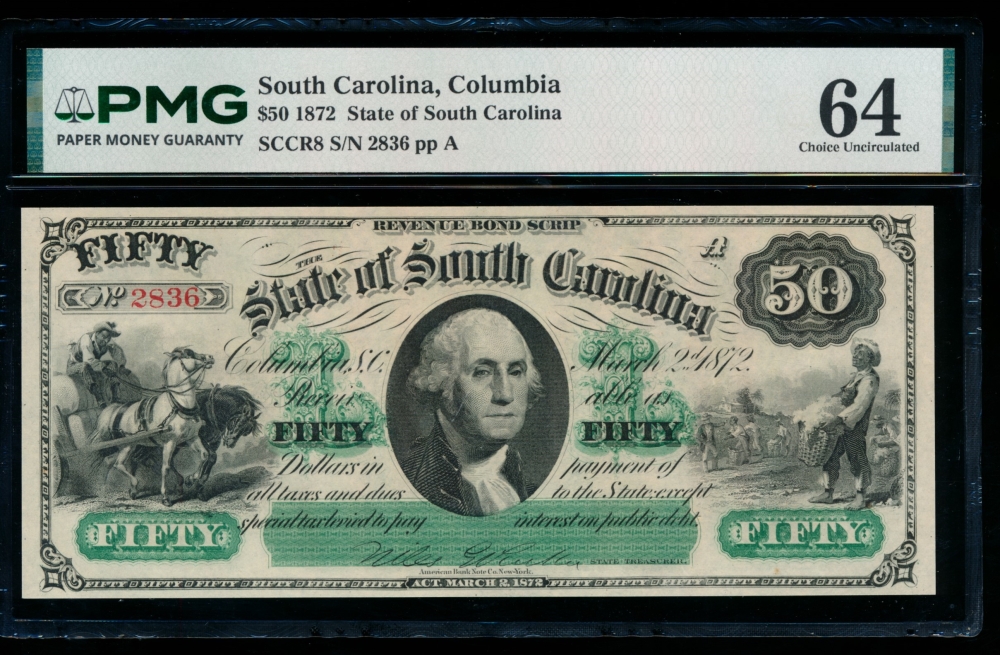 Fr. Cr SC-8 1872 $50  Obsolete State of South Carolina, Columbia, SC PMG 64 2836