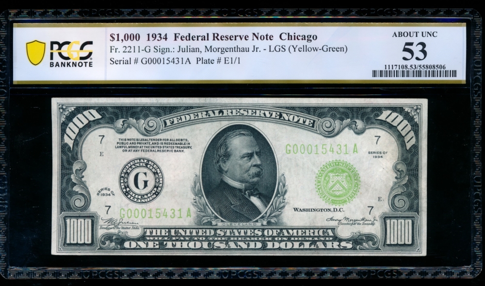 Fr. 2211-G 1934 $1,000  Federal Reserve Note Chicago LGS PCGS 53 G00015431A