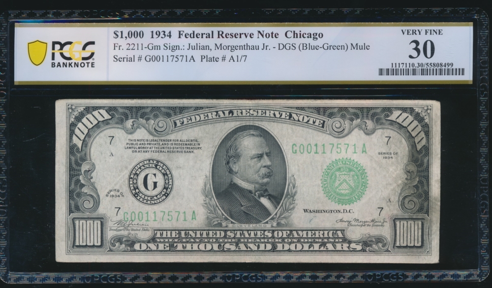 Fr. 2211-G 1934 $1,000  Federal Reserve Note Chicago PCGS 30 comment G00117571A