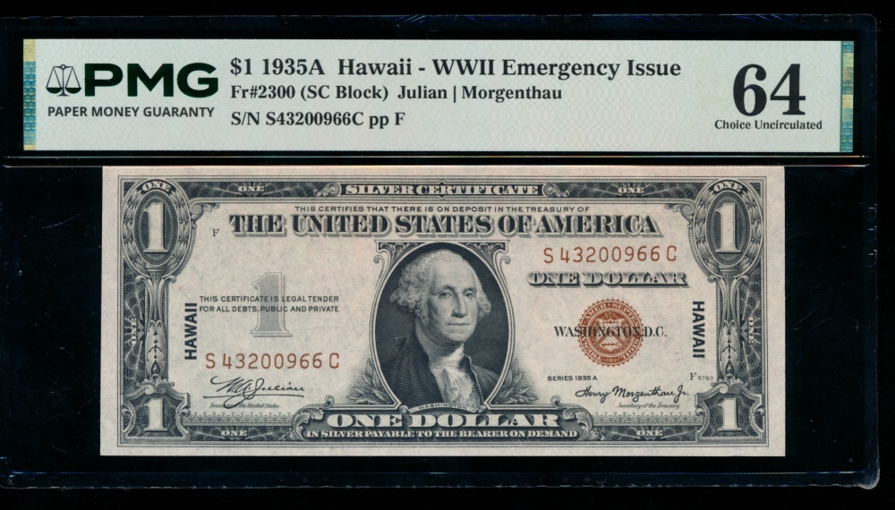 Fr. 2300 1935A $1  Hawaii SC block PMG 64 S43200966C