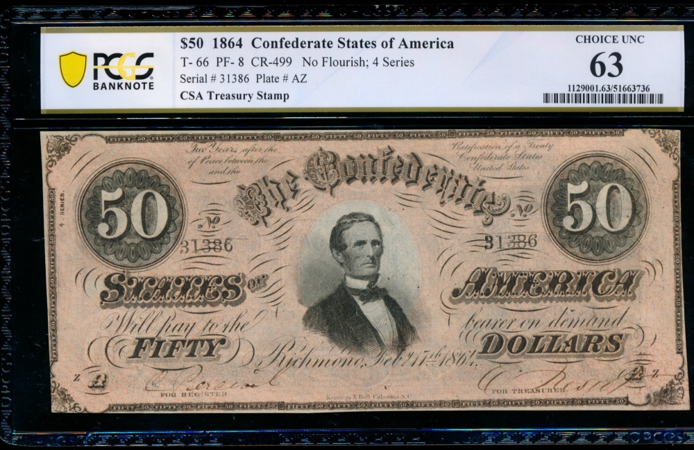 Fr. T-66 1864 $50  Confederate  PCGS 63 31386