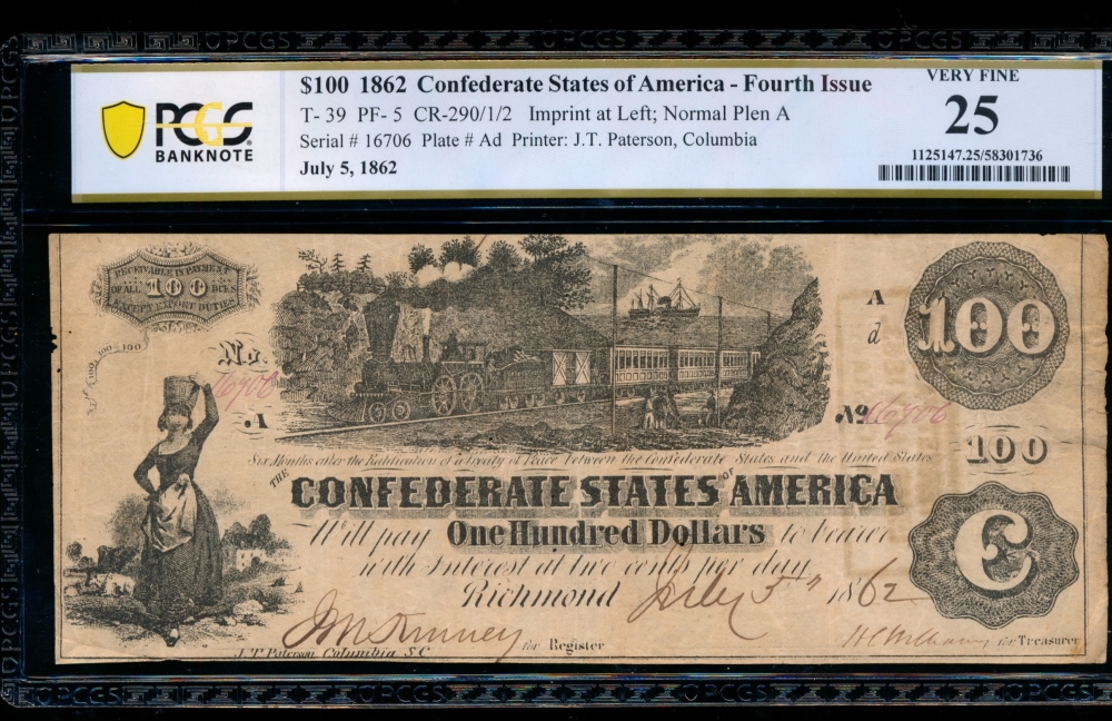 Fr. T-39 1862 $100  Confederate  PCGS 25 16706
