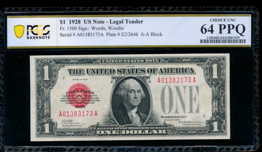 Fr. 1500 1928 $1  Legal Tender  PCGS 64PPQ A01383173A