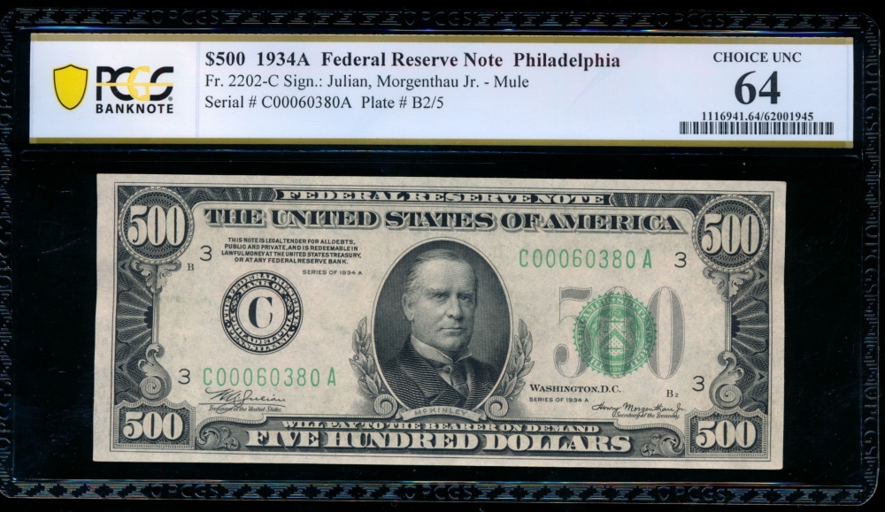 Fr. 2202-C 1934A $500  Federal Reserve Note Philadelphia PCGS 64 comment C00060380A