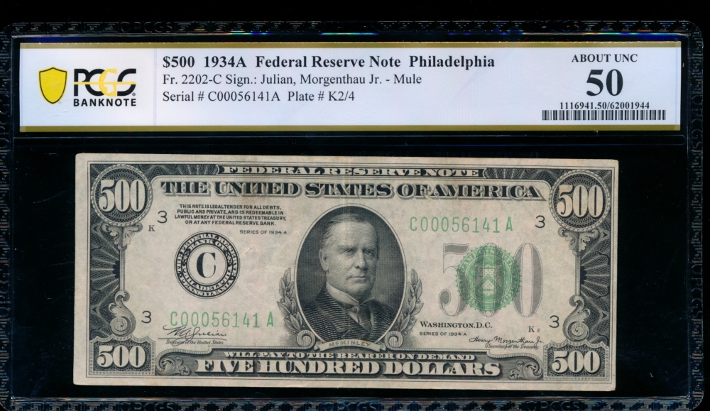 Fr. 2202-C 1934A $500  Federal Reserve Note Philadelphia PCGS 50 comment C00056141A
