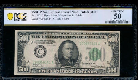 Fr. 2202-C 1934A $500  Federal Reserve Note Philadelphia PCGS 50 comment C00056141A