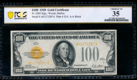 Fr. 2405 1928 $100  Gold Certificate  PCGS 35 comment A01273287A