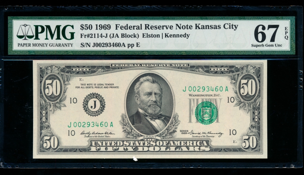 Fr. 2114-J 1969 $50  Federal Reserve Note Kansas City PMG 67EPQ J00293460A