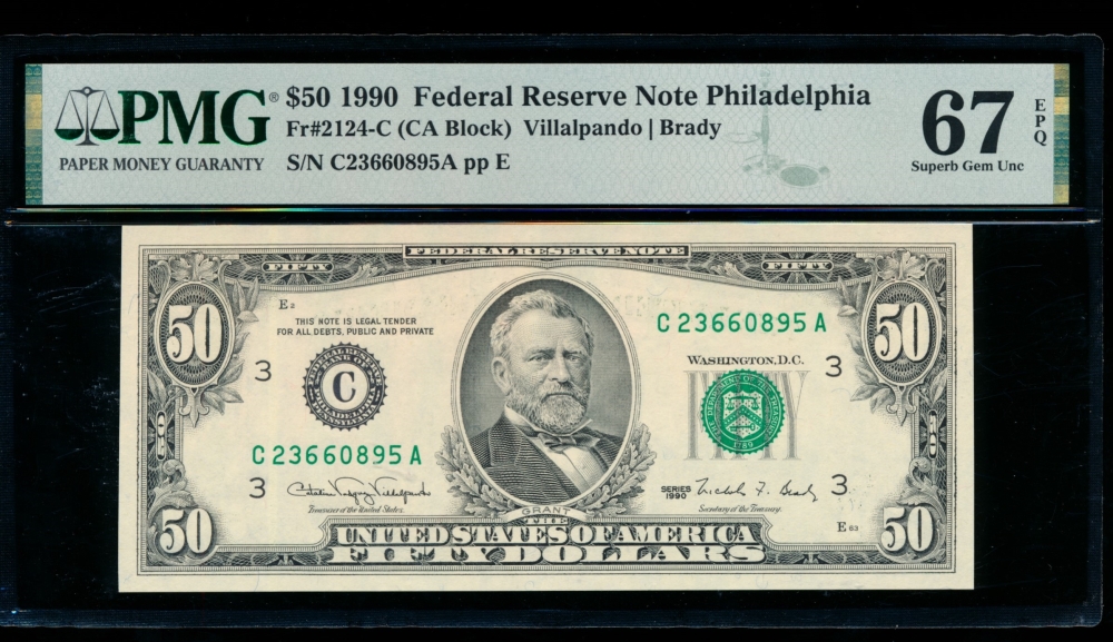 Fr. 2124-C 1990 $50  Federal Reserve Note Philadelphia PMG 67EPQ C23660895A