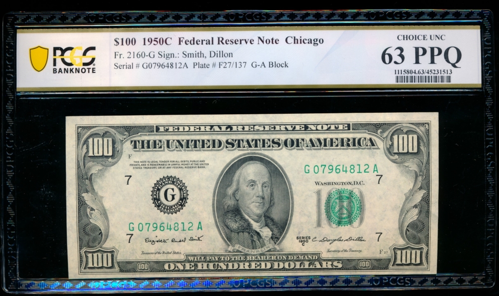 Fr. 2160-G 1950C $100  Federal Reserve Note Chicago PCGS 63PPQ G07964812A