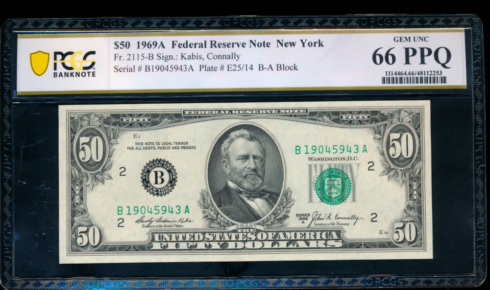 Fr. 2115-B 1969A $50  Federal Reserve Note New York PCGS 66PPQ B19045943A