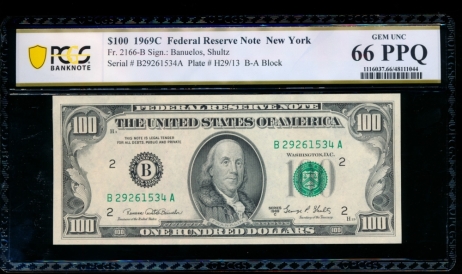 Fr. 2166-B 1969C $100  Federal Reserve Note New York PCGS 66PPQ B27261534A