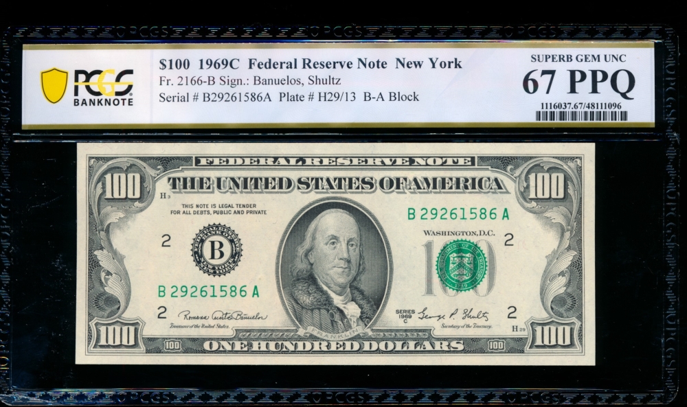 Fr. 2166-B 1969C $100  Federal Reserve Note New York PCGS 67PPQ B27261586A