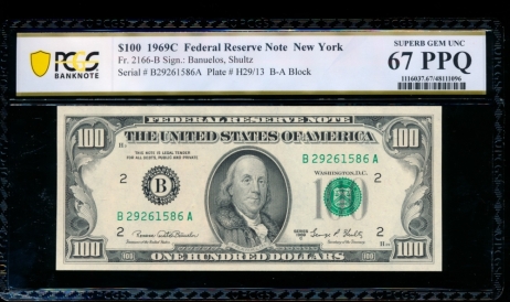 Fr. 2166-B 1969C $100  Federal Reserve Note New York PCGS 67PPQ B27261586A