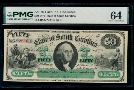 Fr. Cr SC-8 1872 $50  Obsolete State of South Carolina, Columbia, SC PMG 64 2846