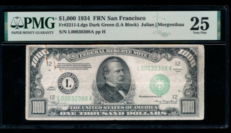 Fr. 2211-L 1934 $1,000  Federal Reserve Note San Francisco LGS PMG 25 comment L00030308A