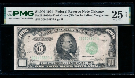 Fr. 2211-G 1934 $1,000  Federal Reserve Note Chicago PMG 25NET G00105837A