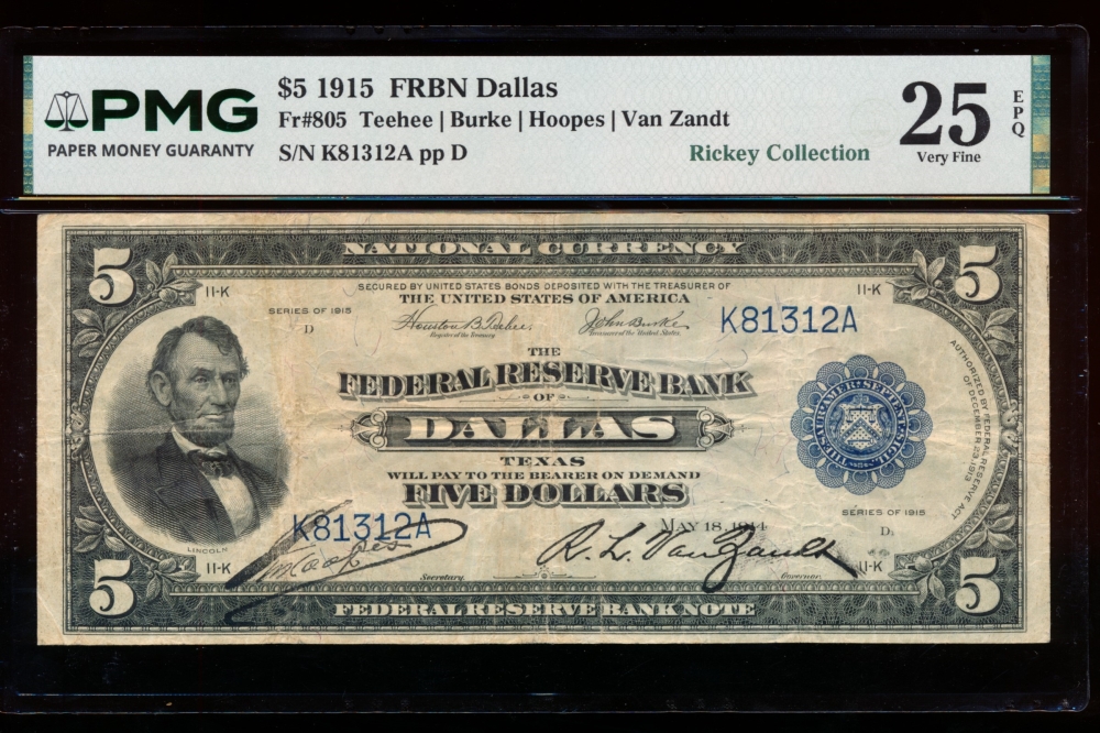 Fr. 805 1915 $5  FRBN Dallas PMG 20 K81312A